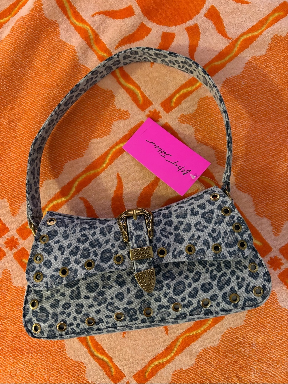Betsey Johnson Grey Leopard-Print denim Studded Shoulder Bag NWT